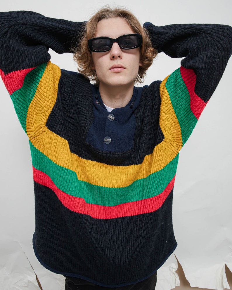 Vintage 80s Navy Blue Contrast Half Button Hoodie Jumper Men