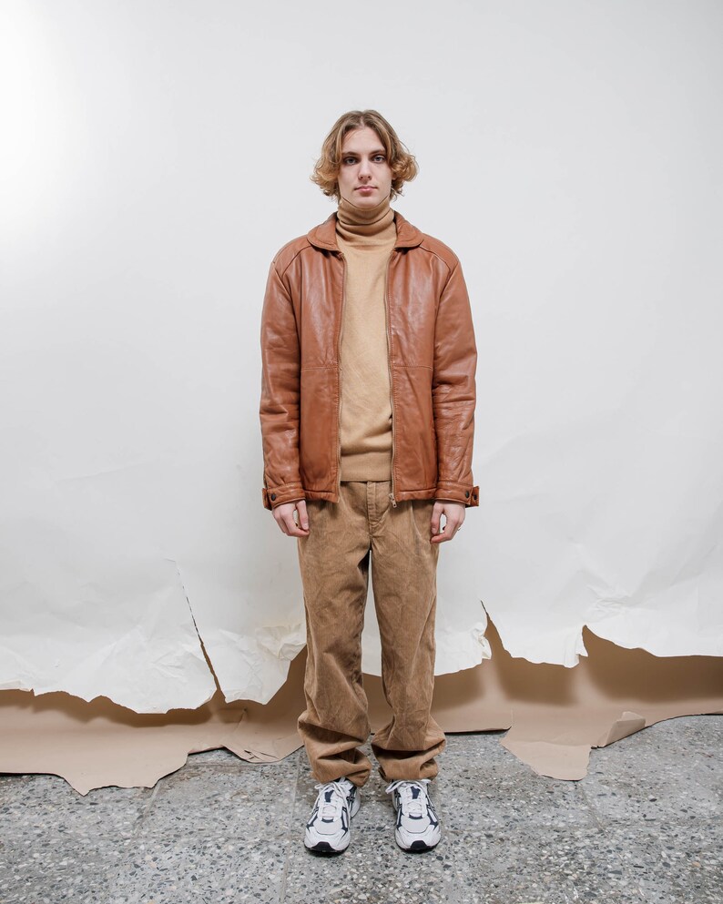 Vintage 70s Boho Brown Genuine Leather Puffer Jacket Men S