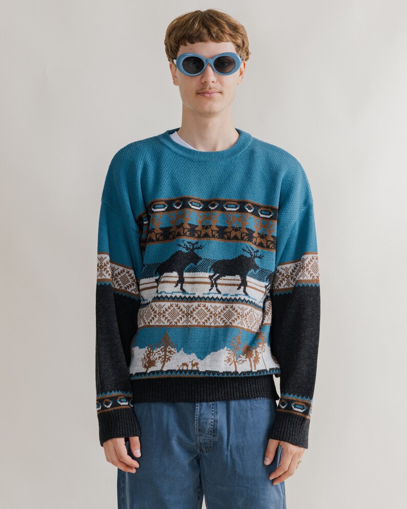 Vintage 90s Nordic Deer Pattern Blue&Black Unisex Jumper