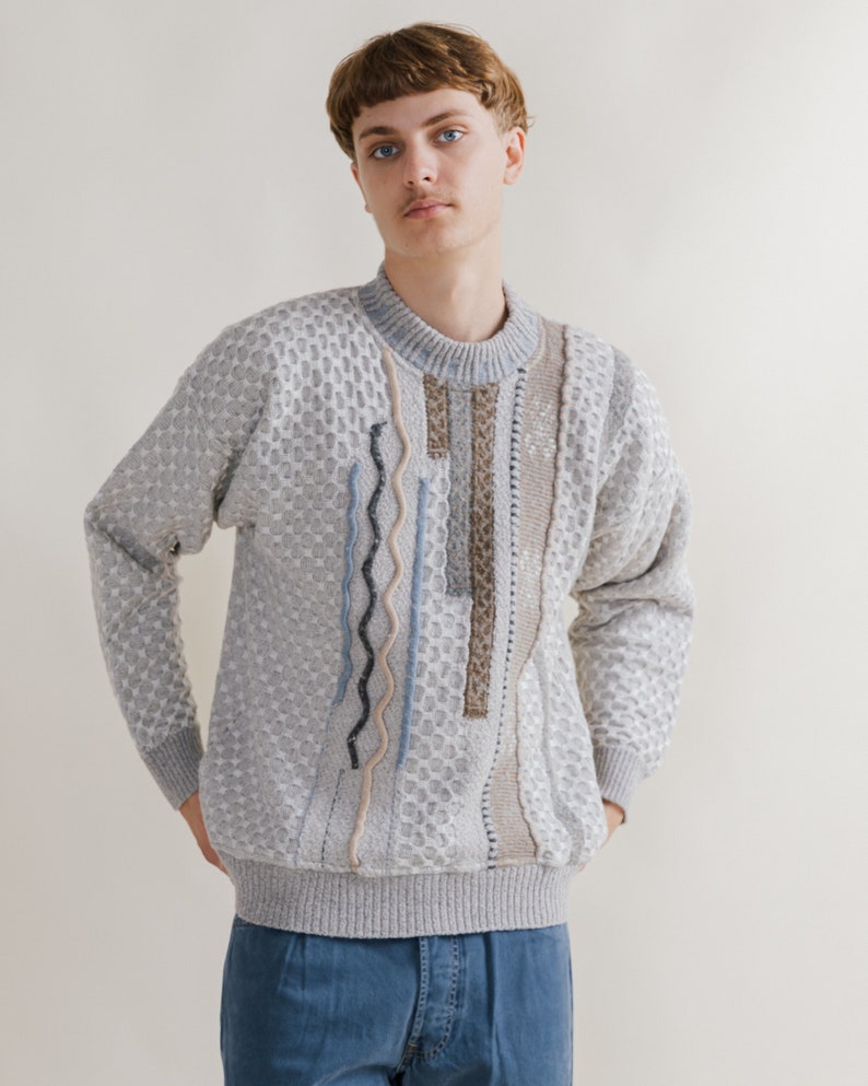 Vintage 90s Grey Abstract Artsy Roundneck Wool Jumper M