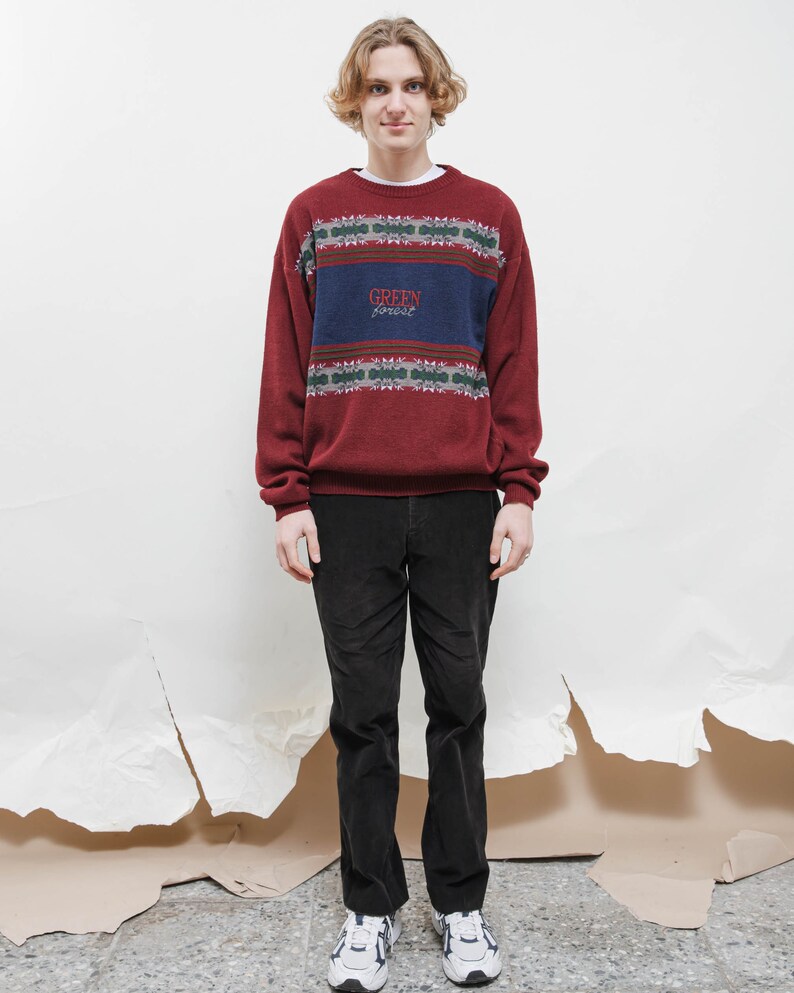 Vintage 80s Green Forest Nordic Round Neck Knit Jumper Men L