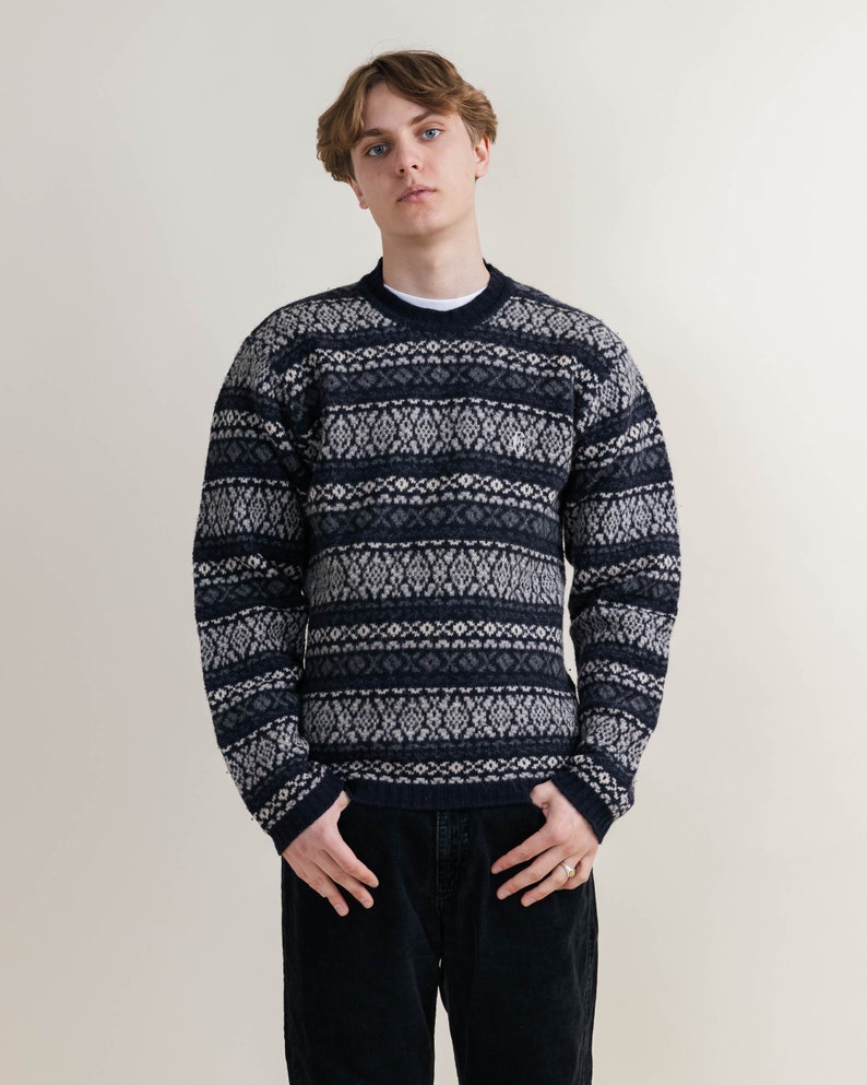 Vintage 80s Nordic Pattern Blue Wool Roundneck Jumper M