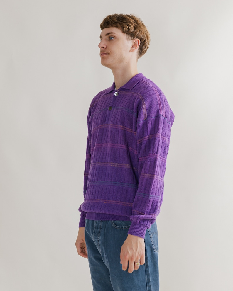 Vintage 90s Preppy Polo Neck Textured Purple Jumper M