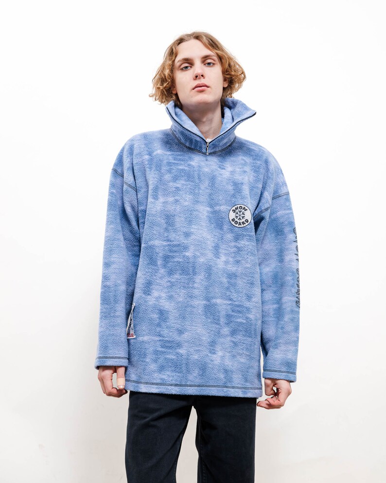 Vintage 80s Blue Tie Dye Snowboard High Neck Fleece Jumper