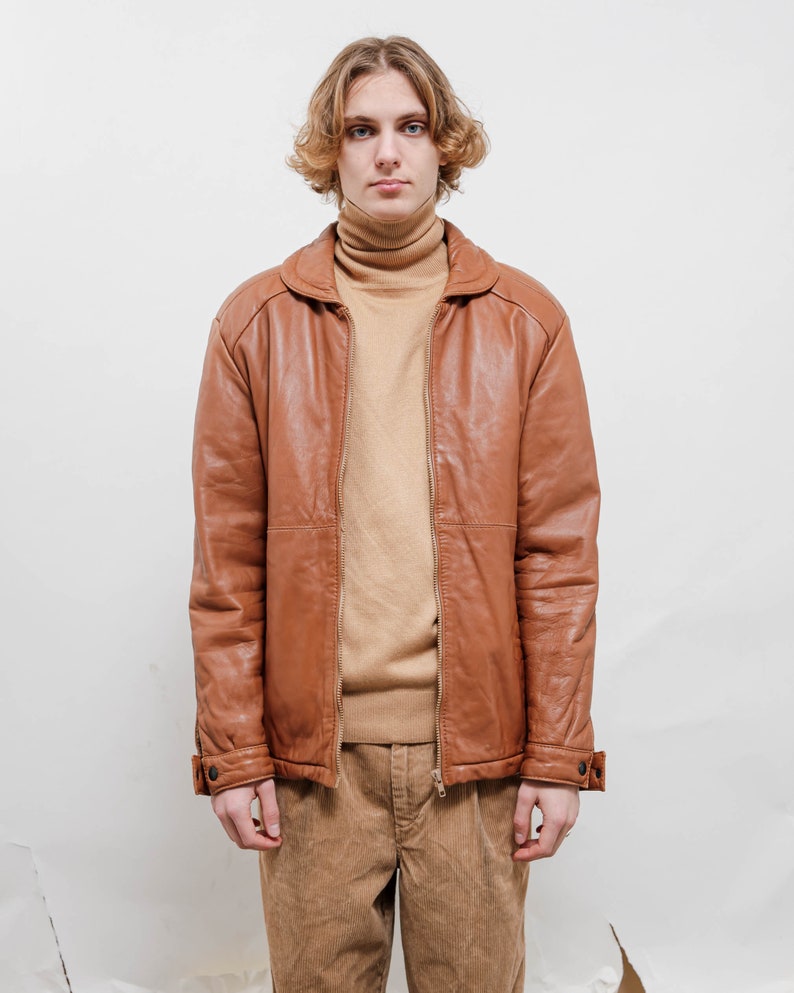 Vintage 70s Boho Brown Genuine Leather Puffer Jacket Men S