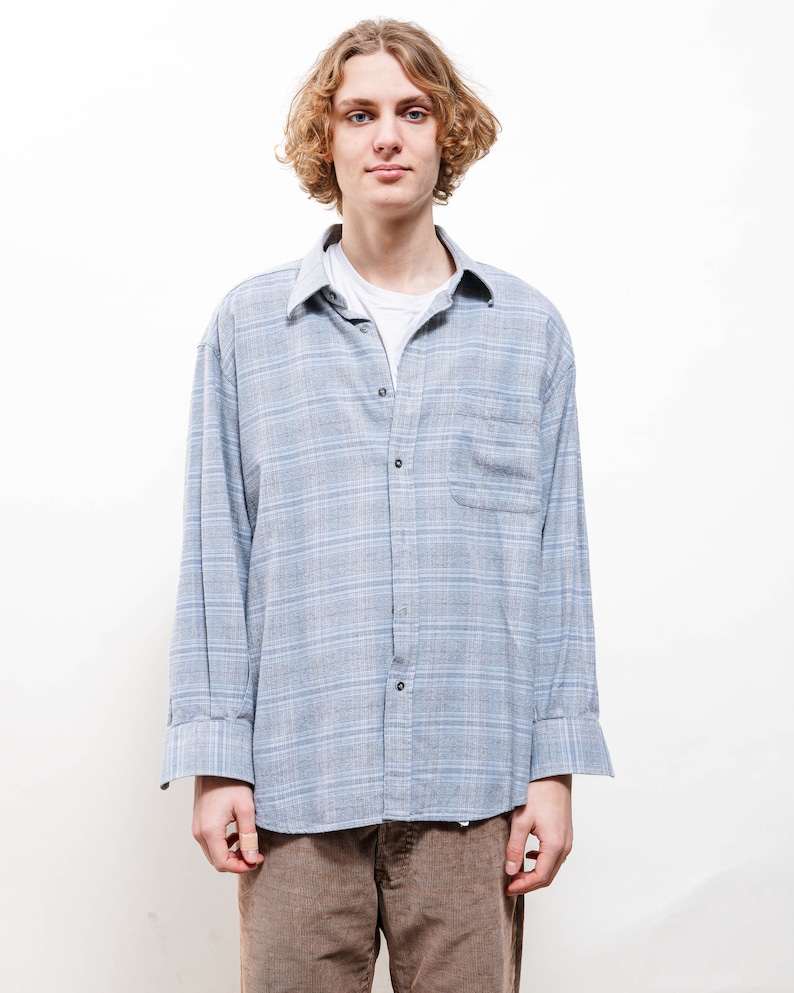 Vintage 90s Pastel Blue Cotton Long Sleeve Button Up Shirt L