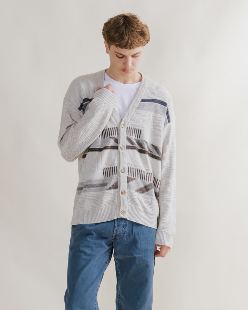 Vintage 80s Grandads Grey Graphic V-neck Cardigan M