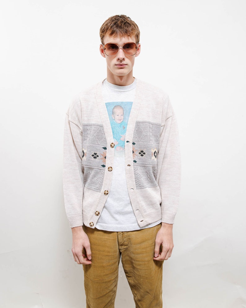 Vintage 80s Preppy Abstract Button Up Knit Cardigan Men S