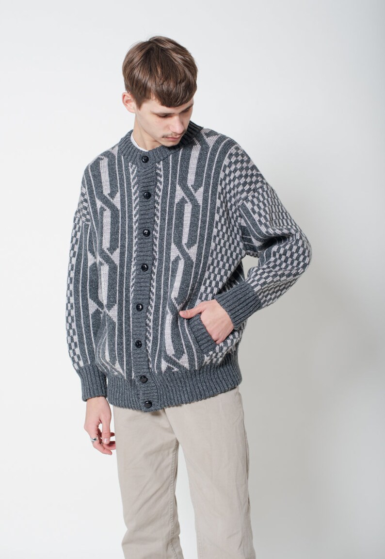 Vintage 80s Grandads Button Up Patterned Knit Cardigan L