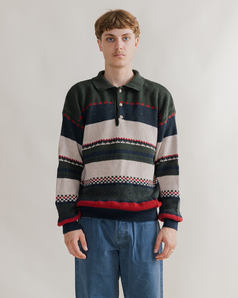 Vintage 90s Polo Neck Vertical Stripe Cotton Men Jumper M