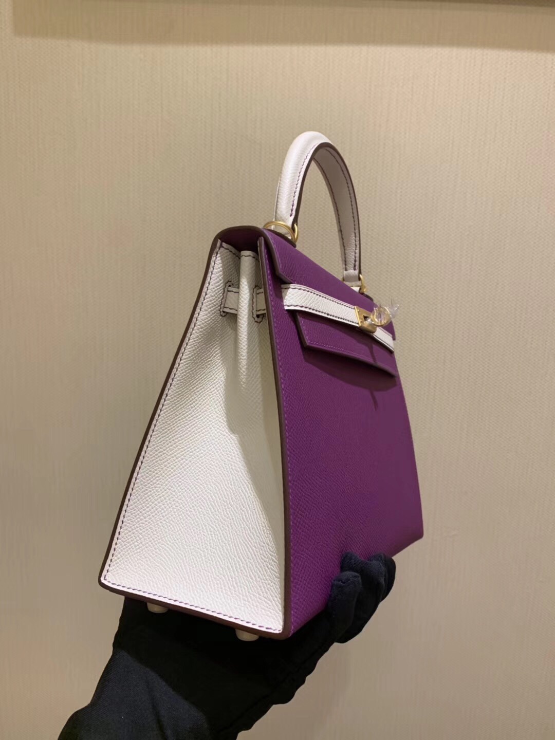 Kelly25cm brushed hardware epsom horseshoe print leather P9 sea anemone purple with ck10 milkshake white