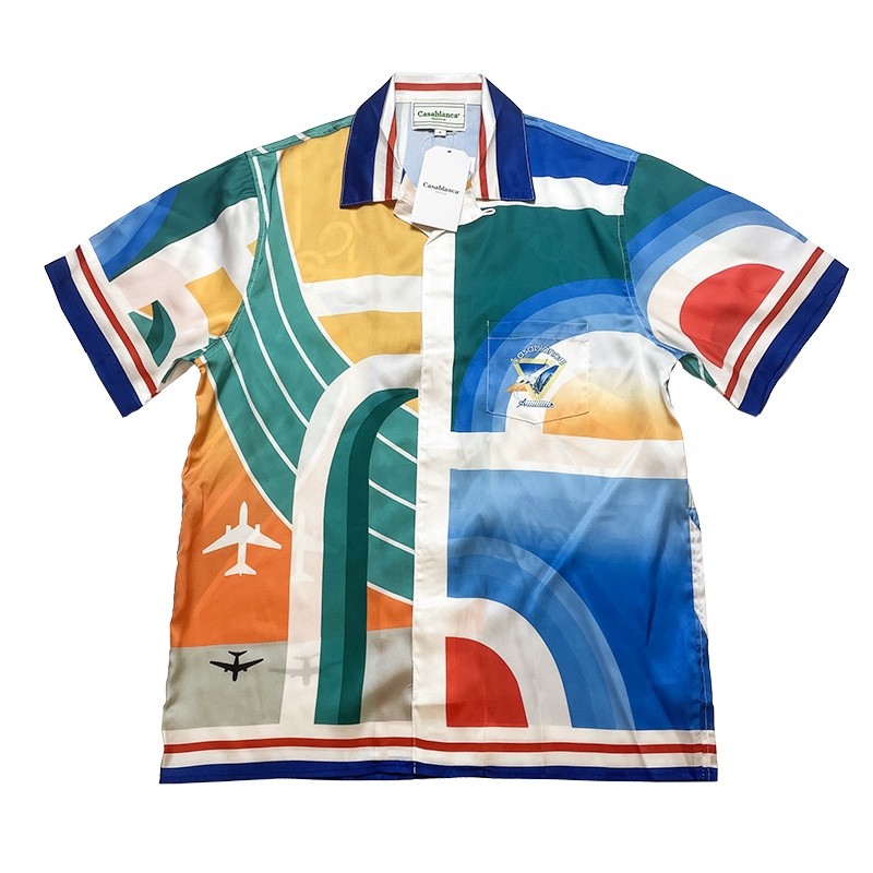 Casablanca Painted Plaid aircraft printed silk casual short-sleeved shirt