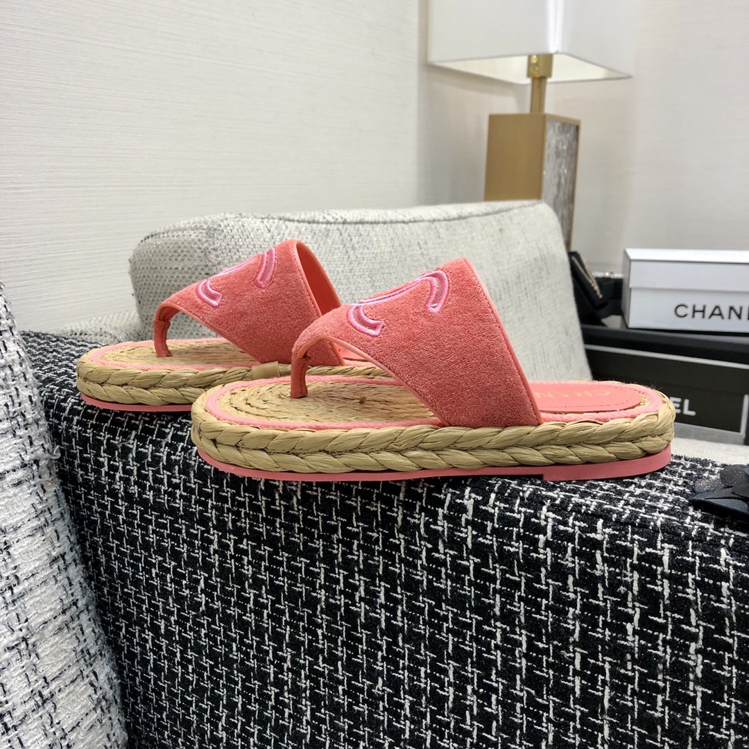 CHANEL 2022 knitted flip-flops fashionable and versatile series Imported custom towel fabric