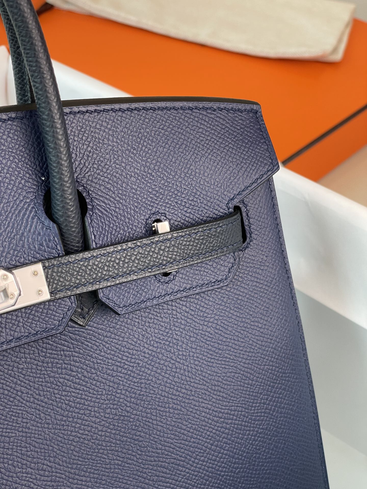 Birkin25 outer seam gemstone blue with midnight blue epsom leather horseshoe engraving