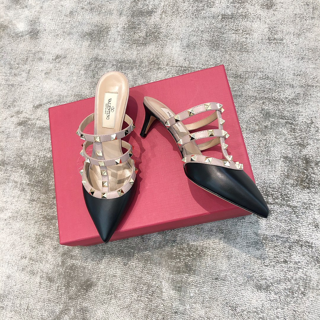 Valentino VT Collection Triple Strap Mid Heel Flip Flop 6.5CM Black Nude Strap