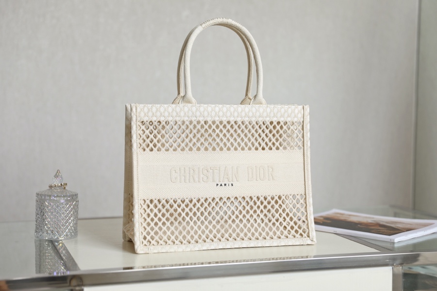 DIOR TOTE beige and white mesh fabric embroidery
