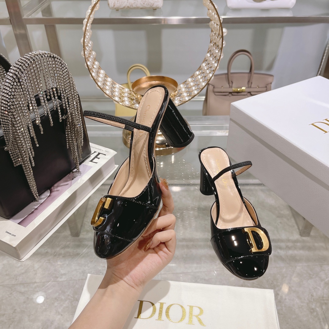 DIOR summer new bag head thick heel sandals high heel model 7.5cm black