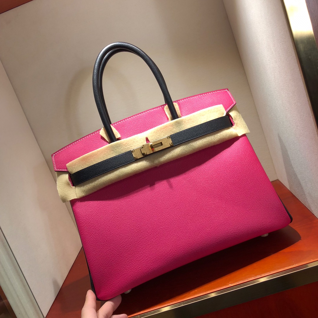 Birkin 30Cm Epsom E5 Rose Tyrien Rose spell 89 Noir black gold buckle top craftsmanship hand stitching waxed thread