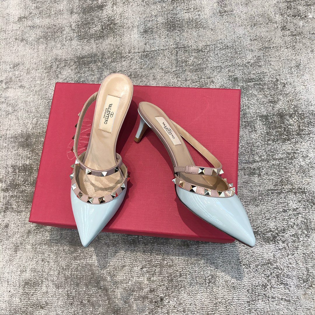 Valentino VT Collection One strap slant heel slipper 6.5CM Patent leather blue