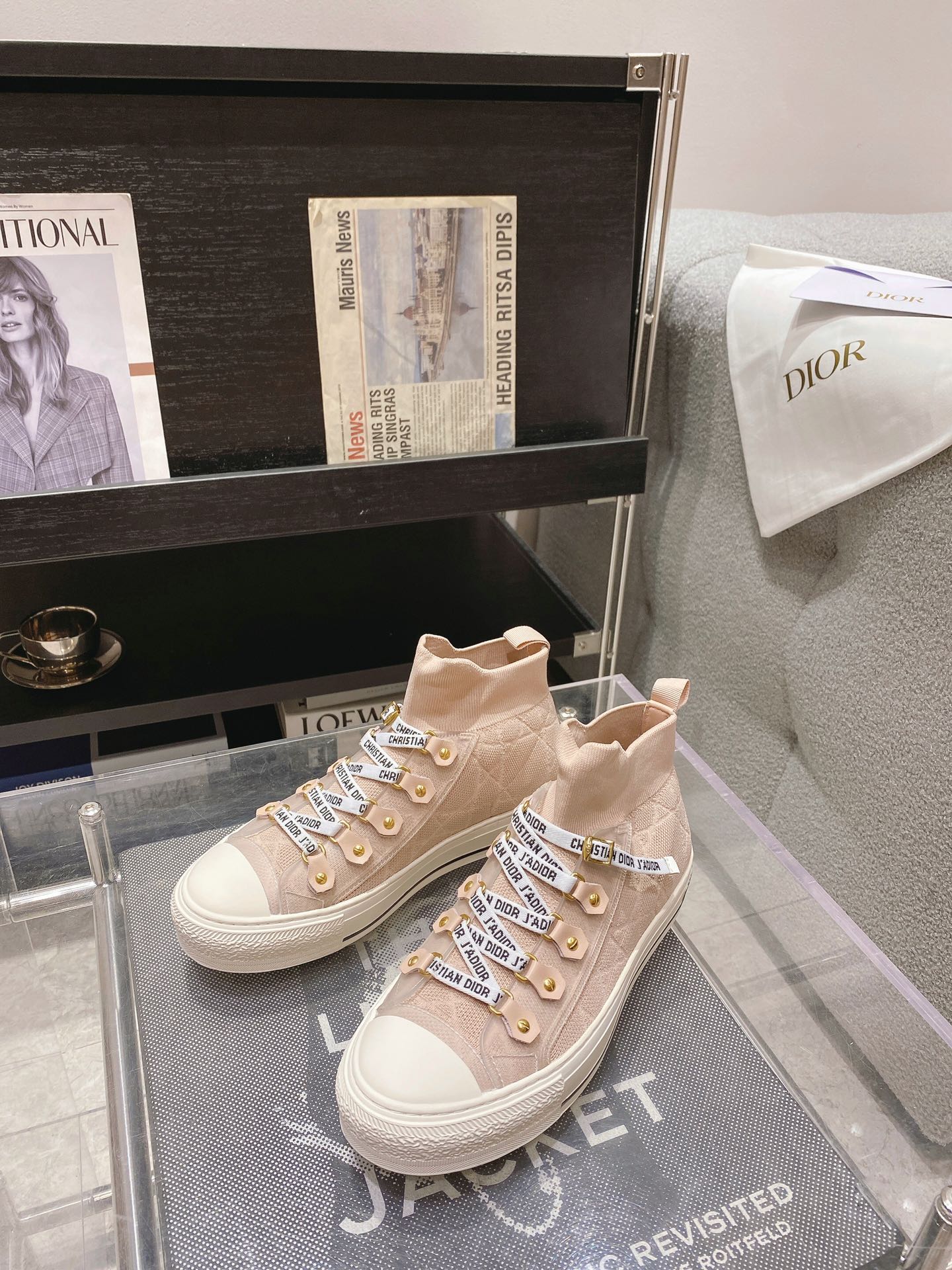 DIOR rattan check casual high top shoes fashion board shoes women nude