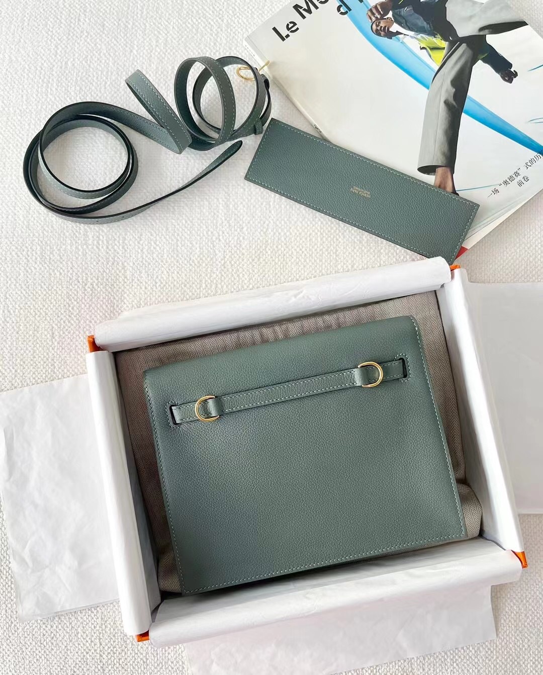 Kelly Danse almond green gold buckle evercolor leather