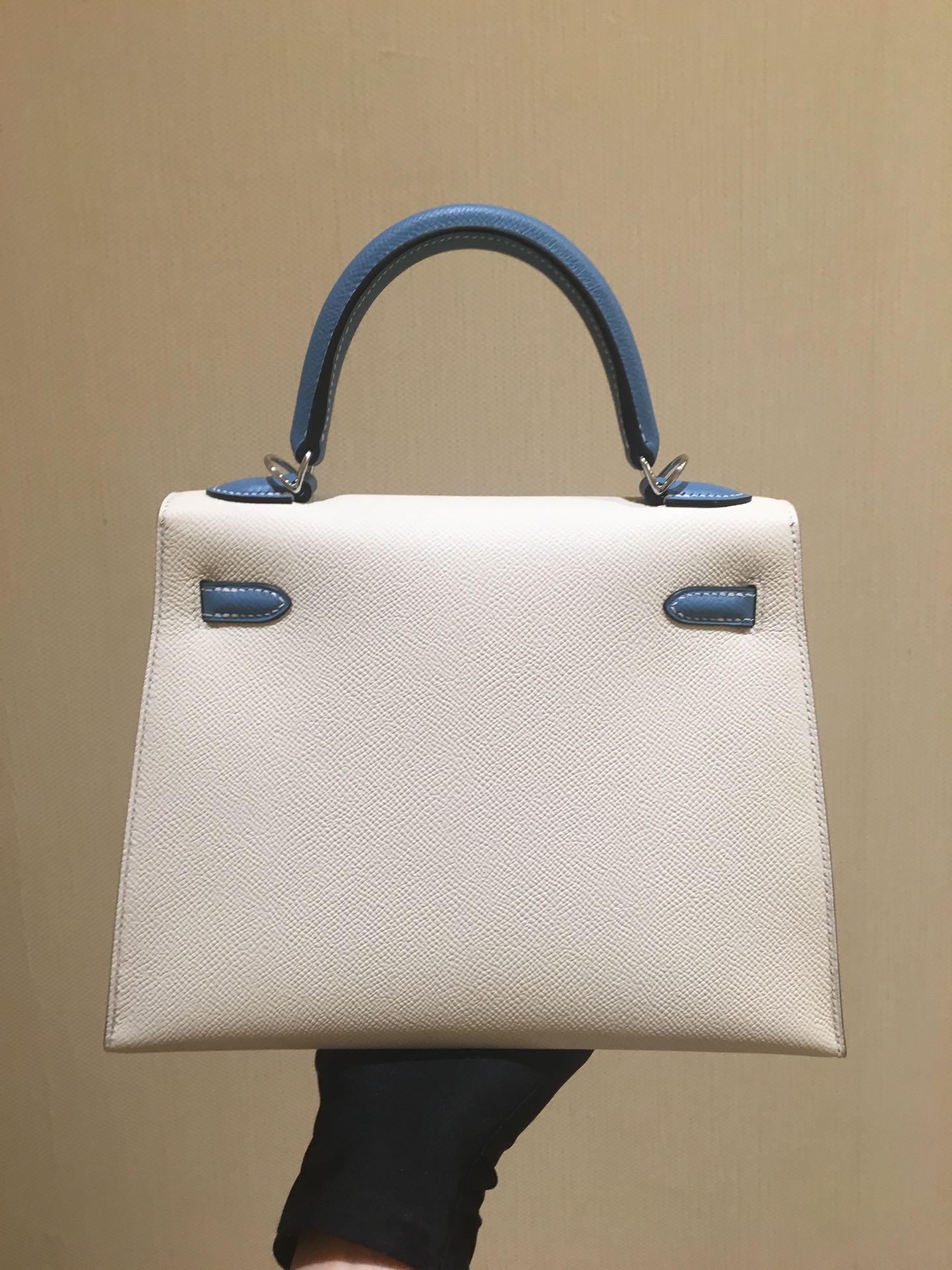 Kelly25cm silver epsom leather milkshake white spell denim blue