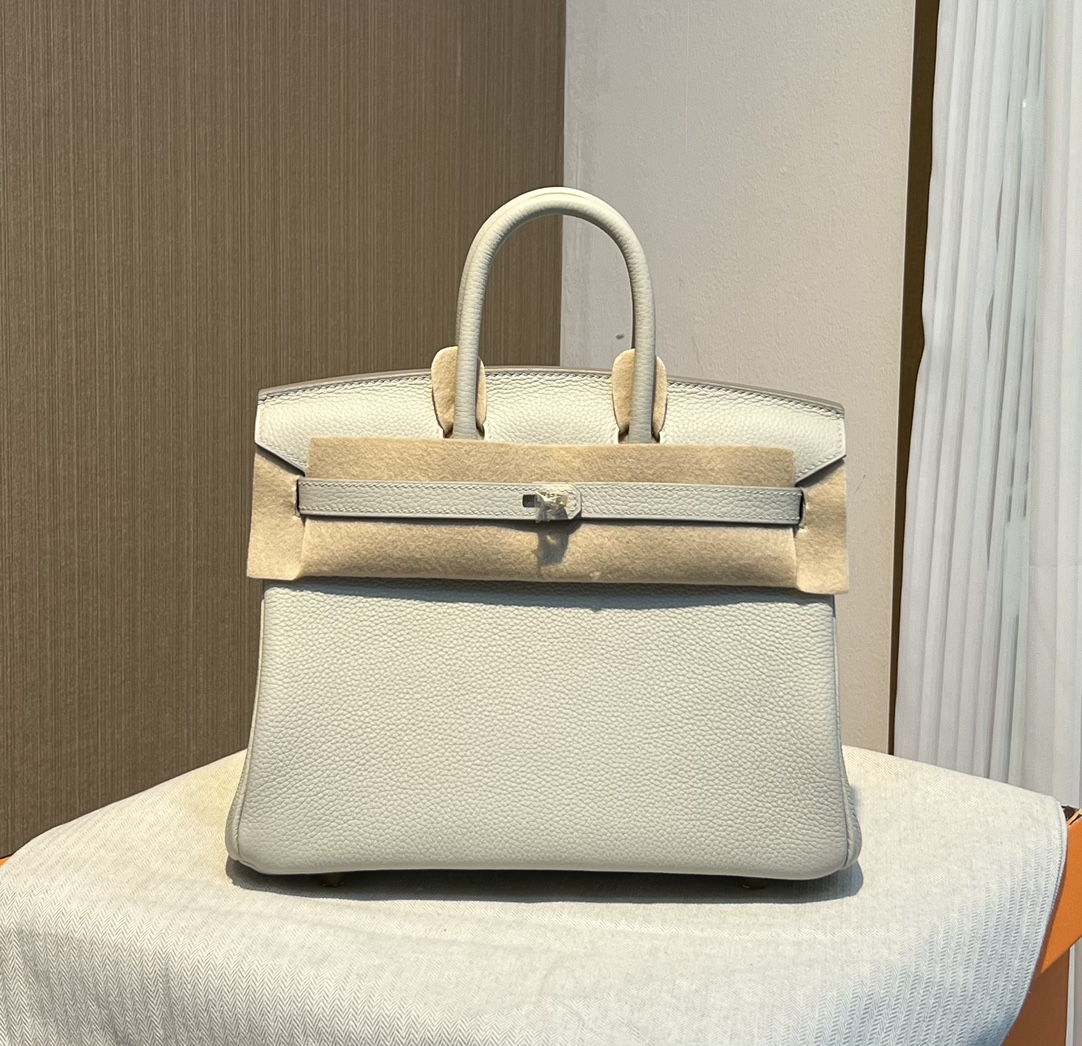 Birkin 25cm original imported Togo calfskin glacier white gold and silver buckle all handmade beeswax thread stitching