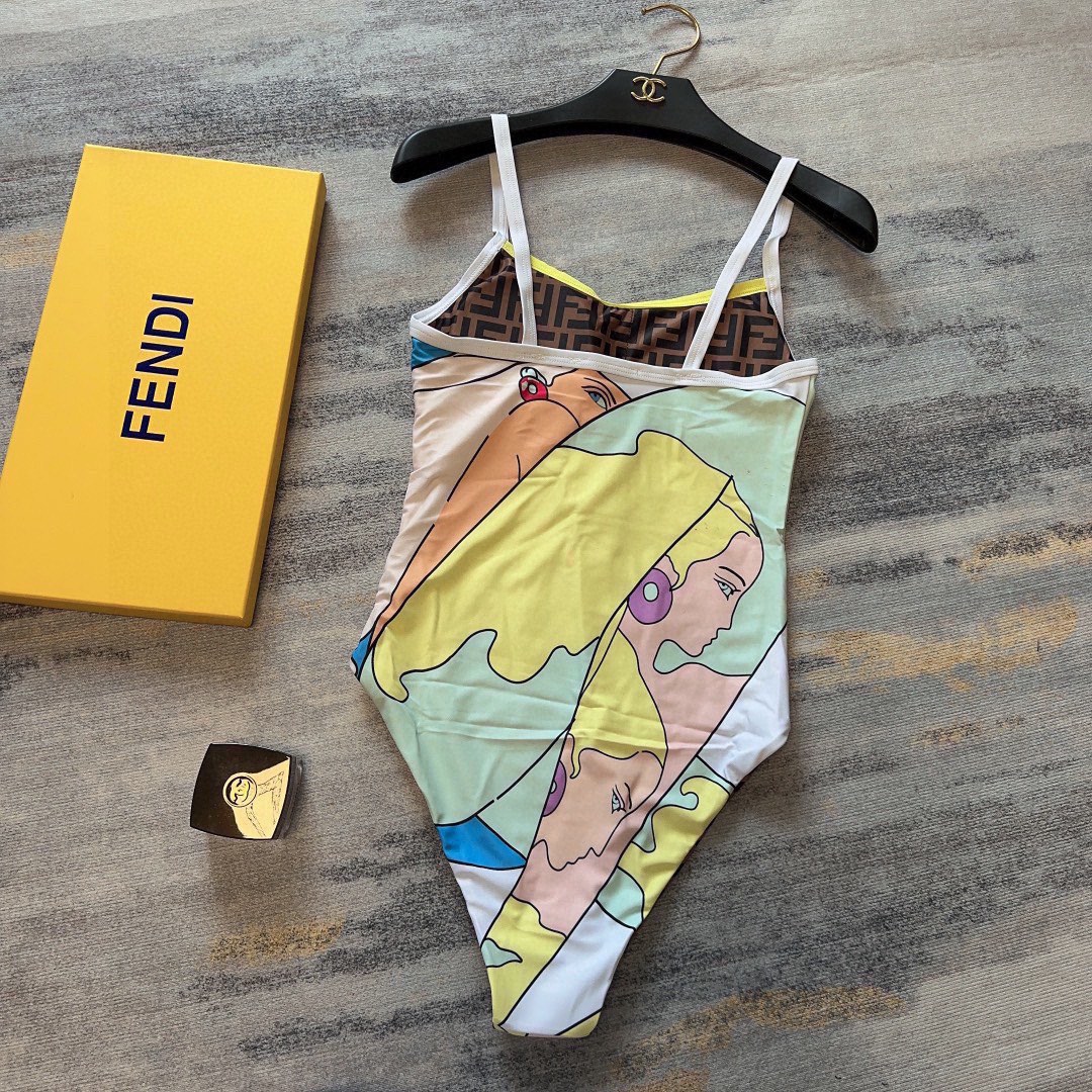 Fendi New character girl clash pattern double ff monogram print cross backless halter one piece swimming costume