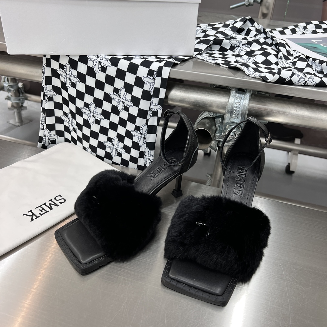 𝐒𝐌𝐅𝐊 ｜𝟐𝟎𝟐𝟐/𝐒𝐒 𝐧𝐞𝐰 SMFK 2022 Cross Flower First One Strap Thin Heel Cross Otter Rabbit Fur Sandals