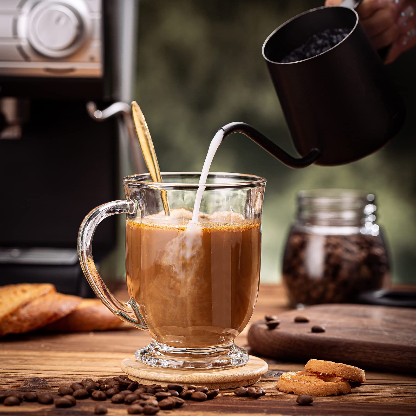 Glass Coffee Mugs Set of 6, Overnight Oats Containers with Bamboo Lids and Spoons - 15oz Large Glass Mugs, Glass Coffee Cups for Latte, Espresso Coffee, Juice, Tea, Cereal