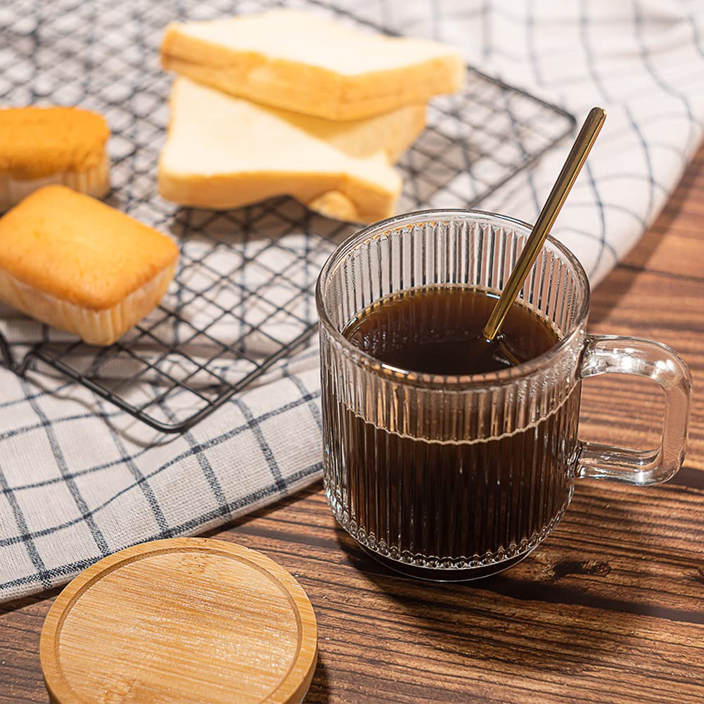 Glass Coffee Mugs, Espresso Cups for Coffee Bar Accessories, Clear Coffee Mug Set of 2, 11oz Glass Coffee Cups with Lids and Spoon, Cute Ribbed Glassware Set for Latte, Cappuccino, Tea, Gift