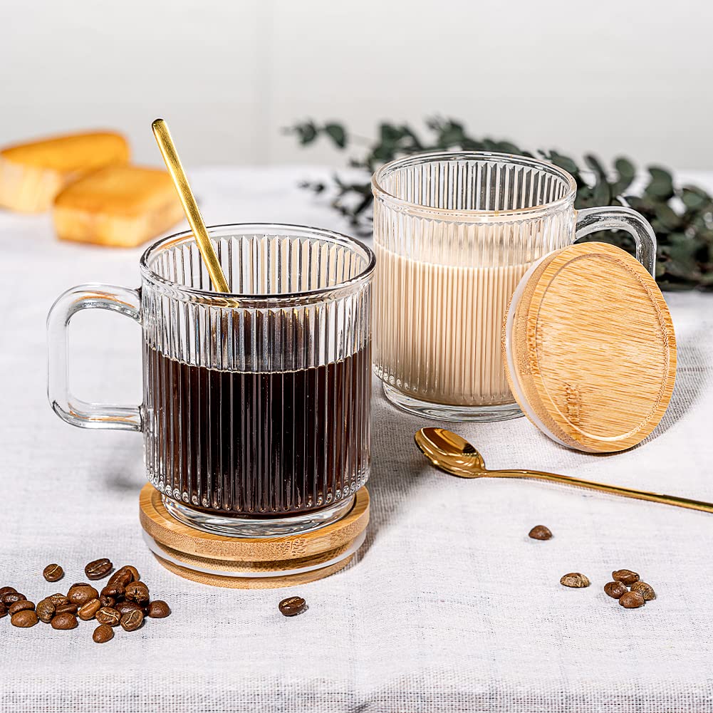 Glass Coffee Mugs, Espresso Cups for Coffee Bar Accessories, Clear Coffee Mug Set of 2, 11oz Glass Coffee Cups with Lids and Spoon, Cute Ribbed Glassware Set for Latte, Cappuccino, Tea, Gift