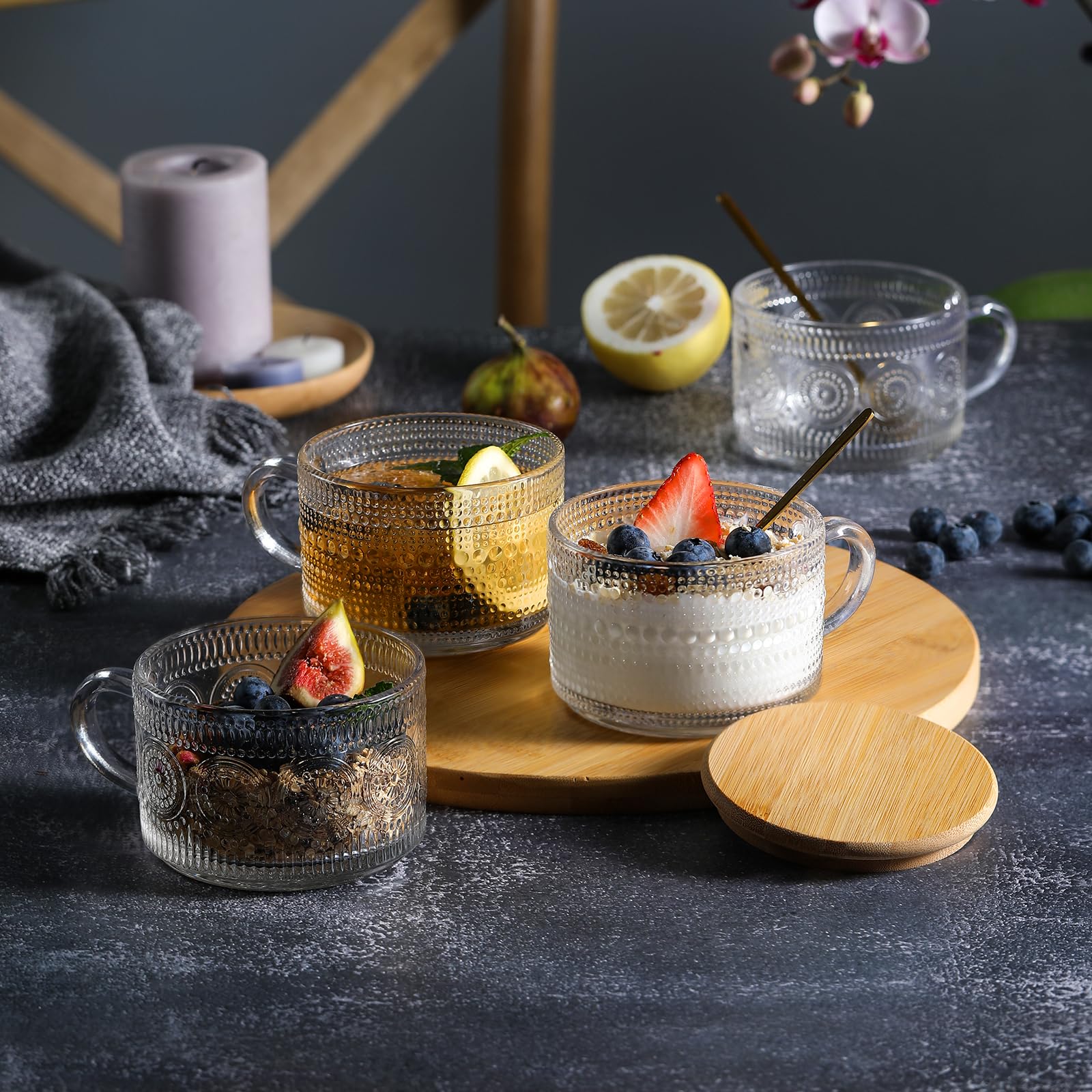 4pcs Set Vintage Coffee Mugs, Overnight Oats Containers with Bamboo Lids and Spoons - 14oz Clear Embossed Glass Cups, Cute Coffee Bar Accessories, Iced Coffee Glasses