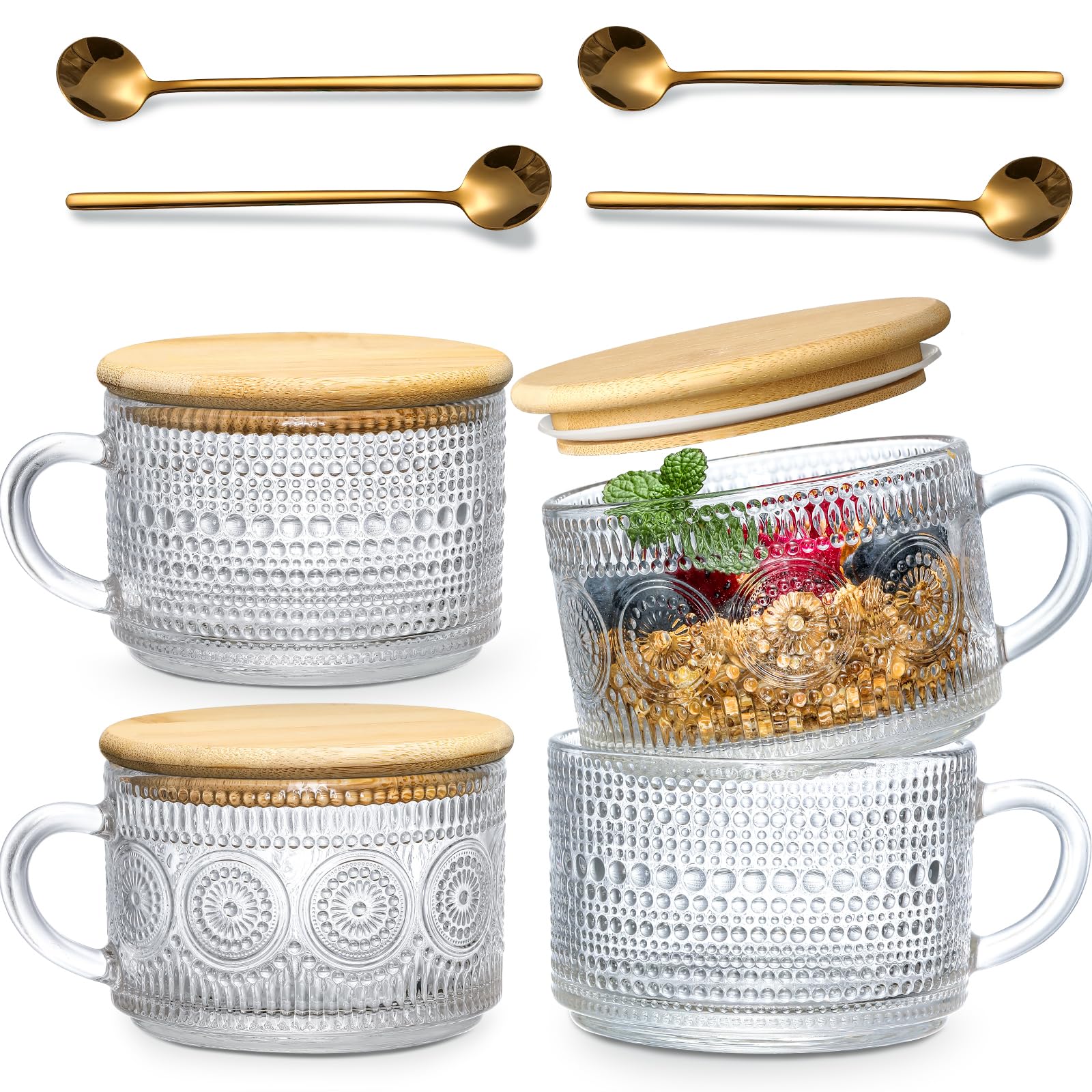 4pcs Set Vintage Coffee Mugs, Overnight Oats Containers with Bamboo Lids and Spoons - 14oz Clear Embossed Glass Cups, Cute Coffee Bar Accessories, Iced Coffee Glasses