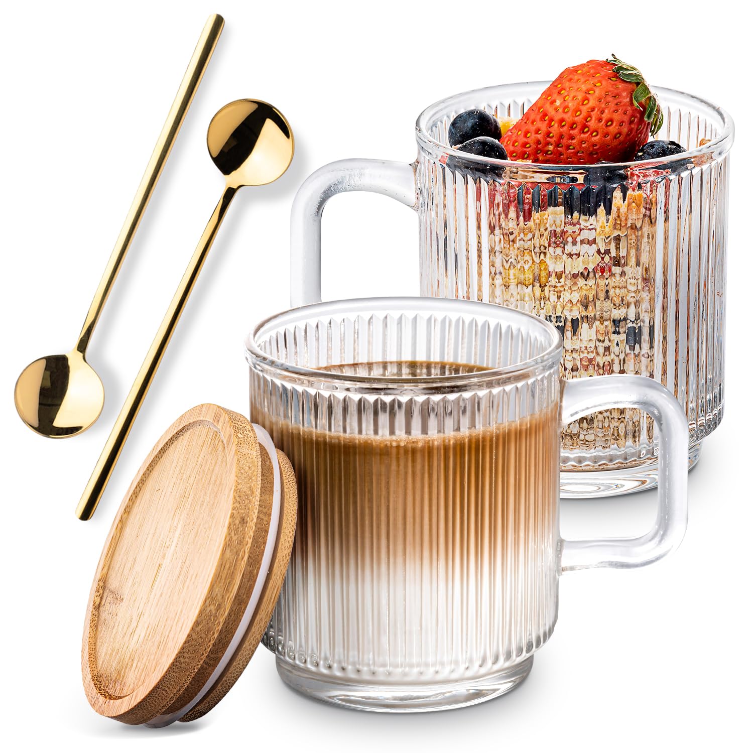 Glass Coffee Mugs, Espresso Cups for Coffee Bar Accessories, Clear Coffee Mug Set of 2, 11oz Glass Coffee Cups with Lids and Spoon, Cute Ribbed Glassware Set for Latte, Cappuccino, Tea, Gift