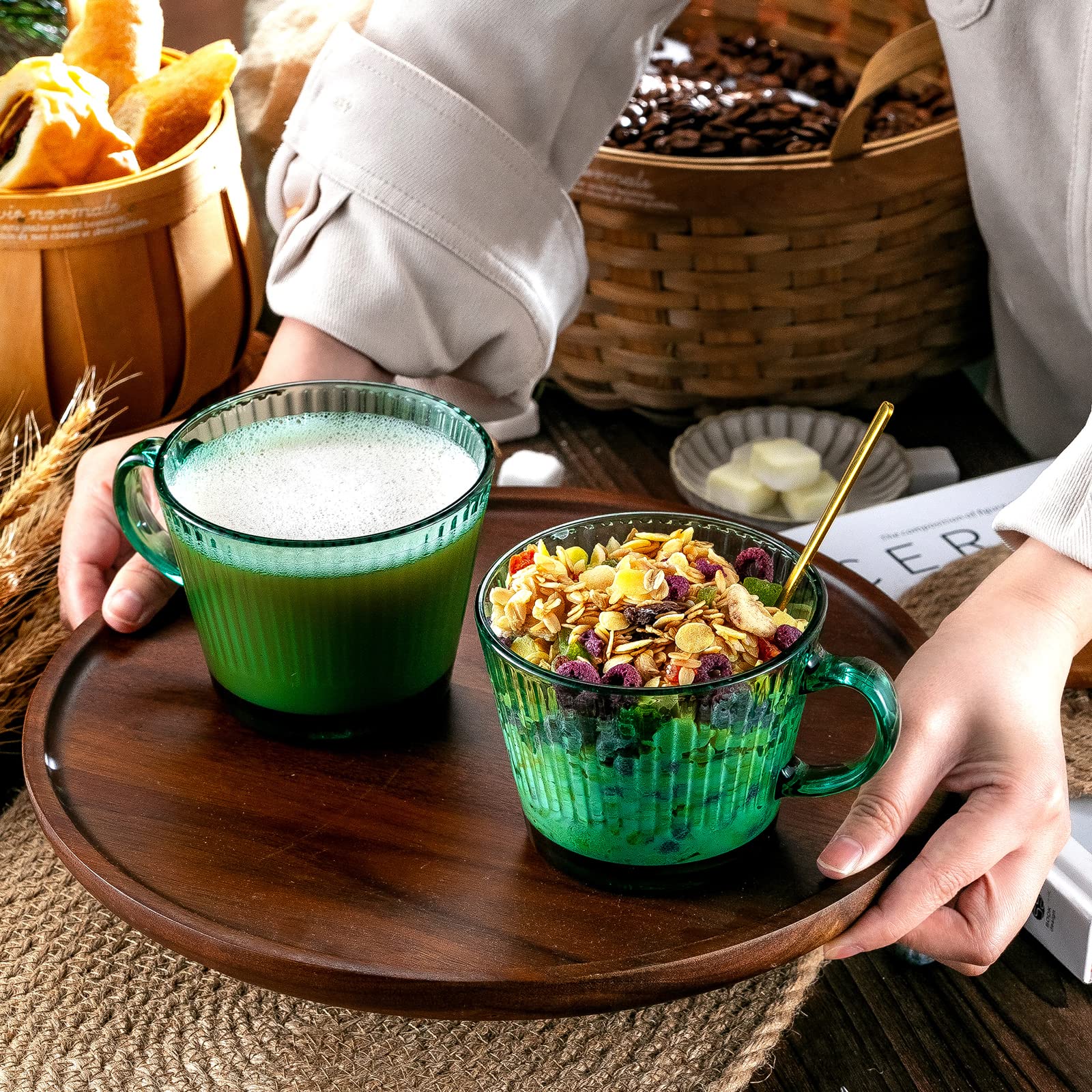 Glass Coffee Mugs, 14 Oz Set of 2 Vertical Stripes Green Glass Cups Stackable Coffee Cups, Tea Cups, Vintage Mugs for Cappuccino, Latte,Cereal,Beverage Hot/Cold Birthday Day Gifts
