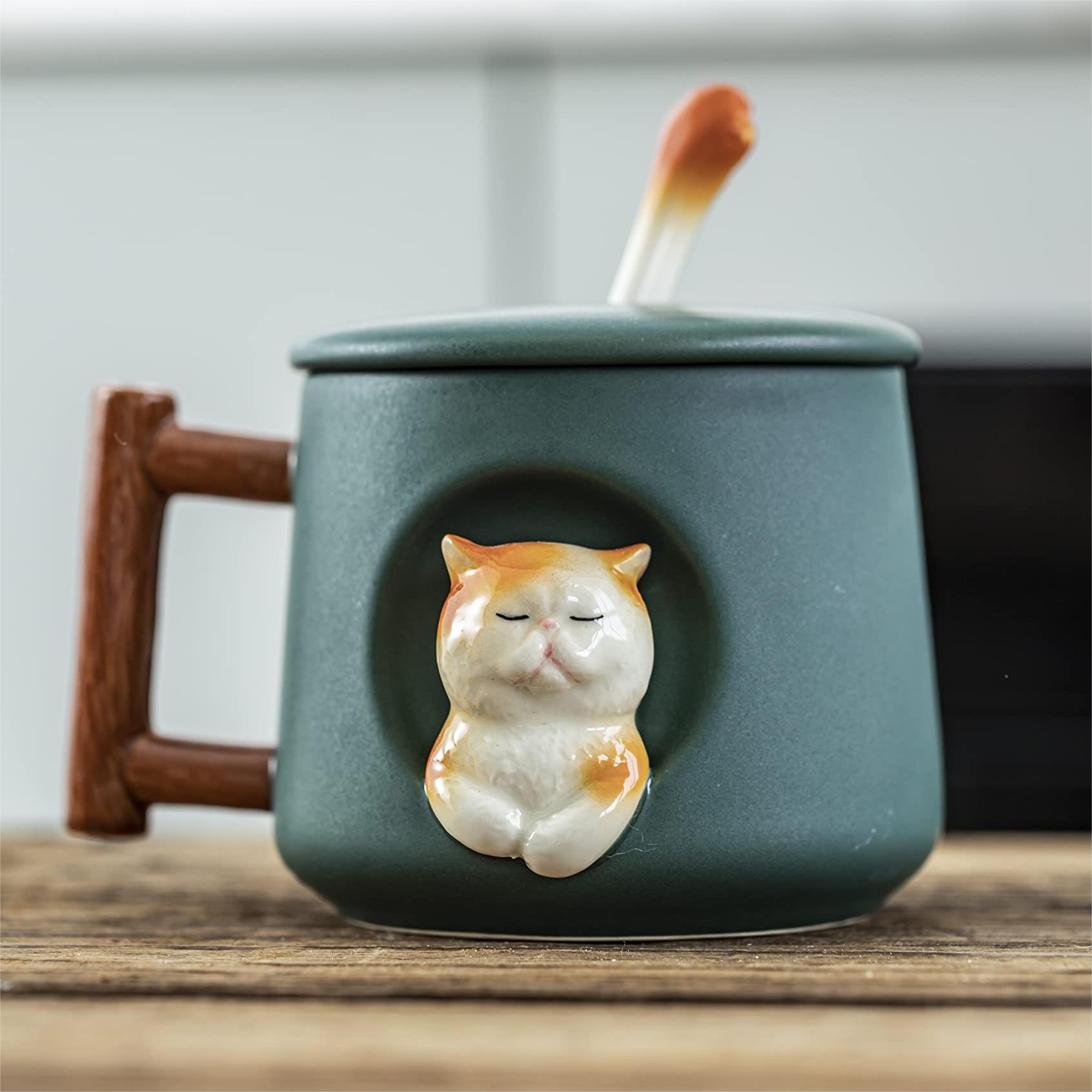 Adorable 3D Ceramic Cat Mug with Lid and Spoon - Perfect for Coffee, Tea, Milk, and More - Ideal Gift for Animal Lovers - 14 Ounces (Green)