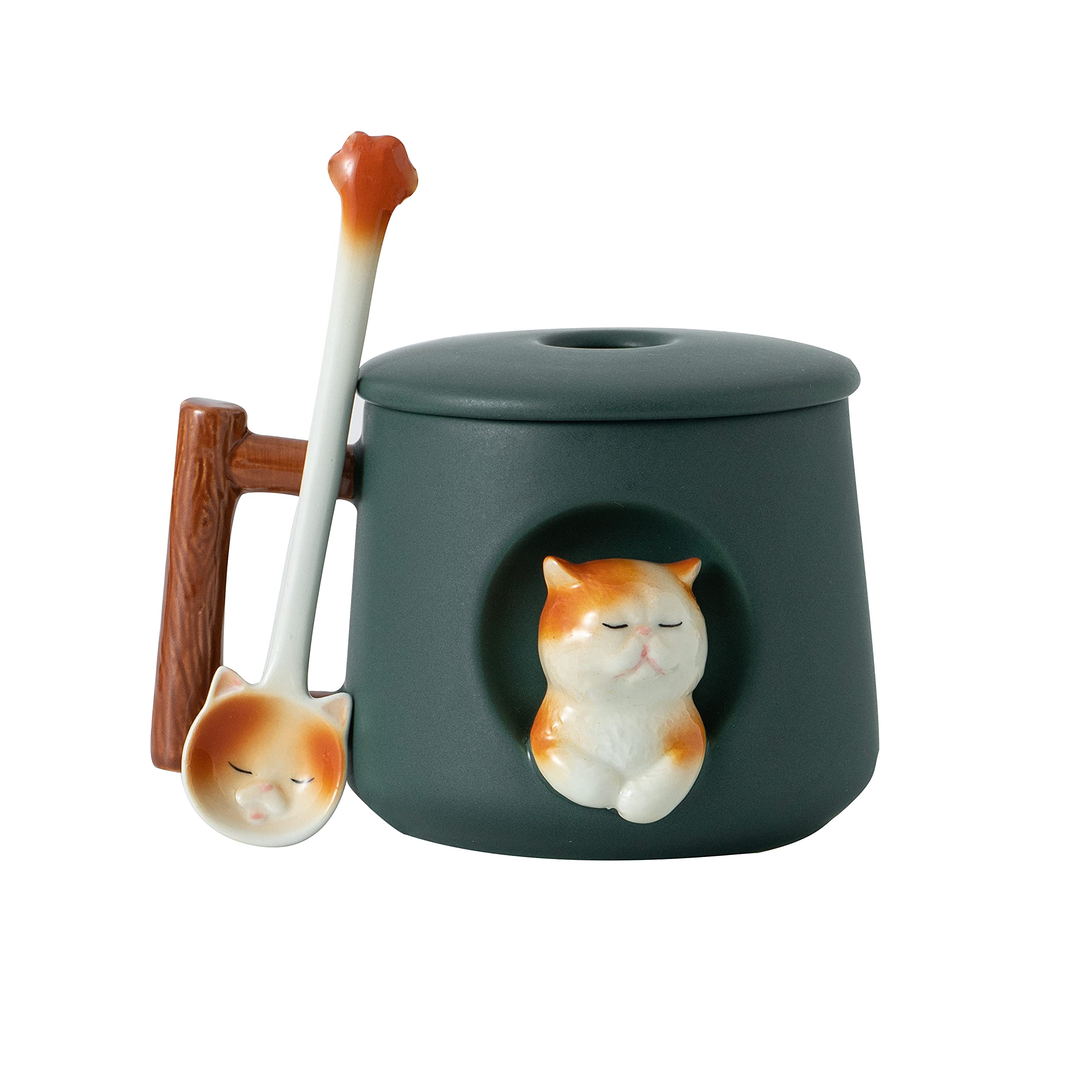 Adorable 3D Ceramic Cat Mug with Lid and Spoon - Perfect for Coffee, Tea, Milk, and More - Ideal Gift for Animal Lovers - 14 Ounces (Green)