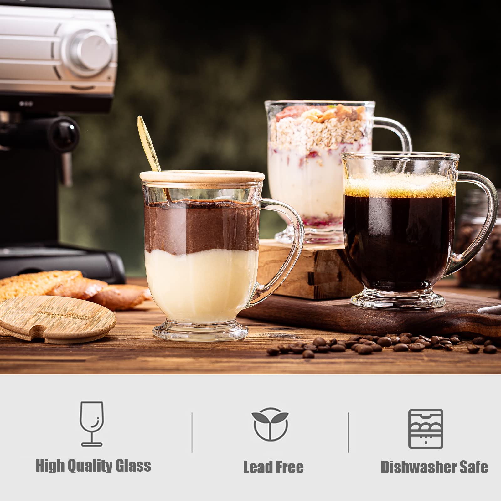 Glass Coffee Mugs Set of 6, Overnight Oats Containers with Bamboo Lids and Spoons - 15oz Large Glass Mugs, Glass Coffee Cups for Latte, Espresso Coffee, Juice, Tea, Cereal