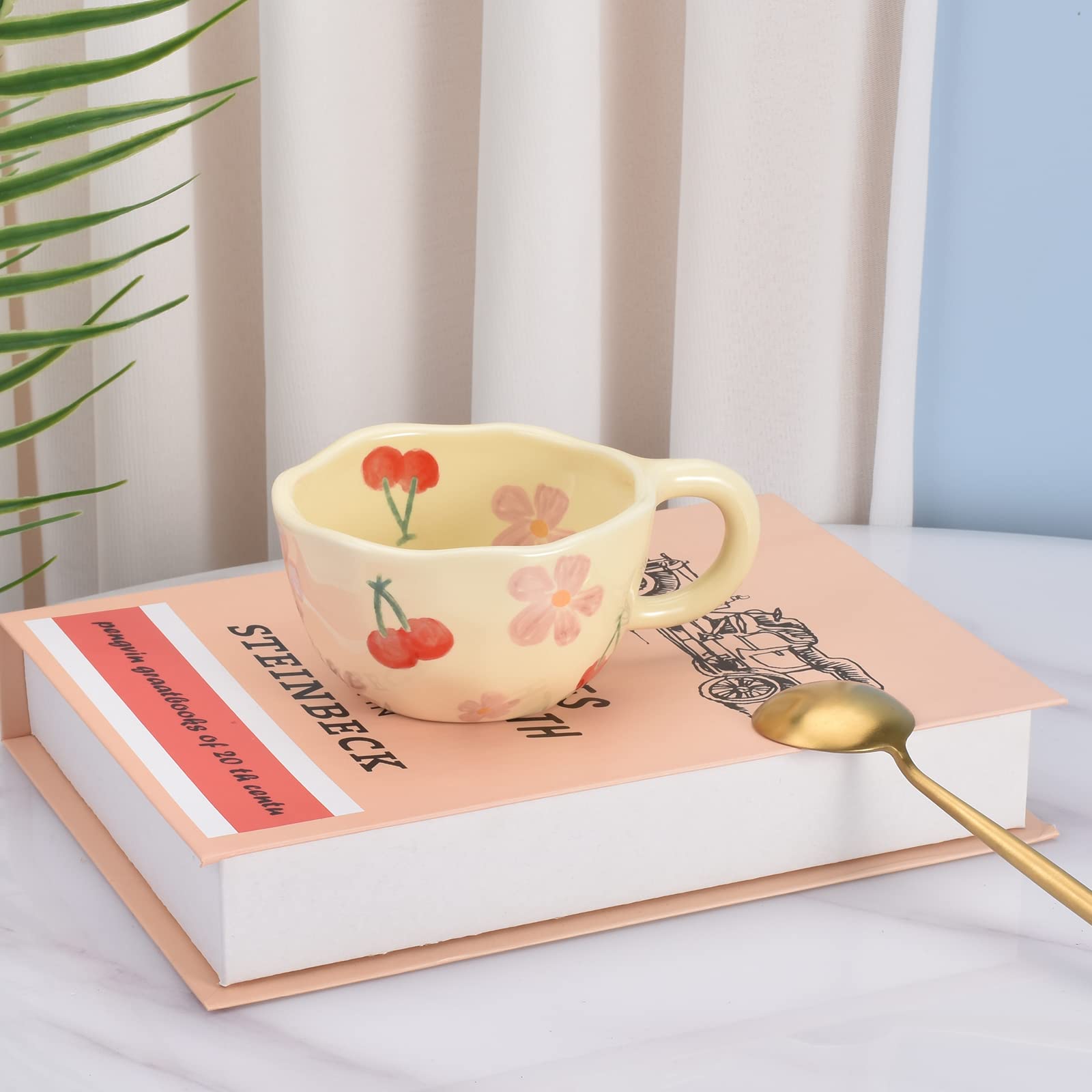 Ceramic Coffee Mug, Creative Flower Cup for Office and Home, Dishwasher and Microwave Safe, 8.5 oz/250 ml for Latte Tea Milk (Pink Cherry)
