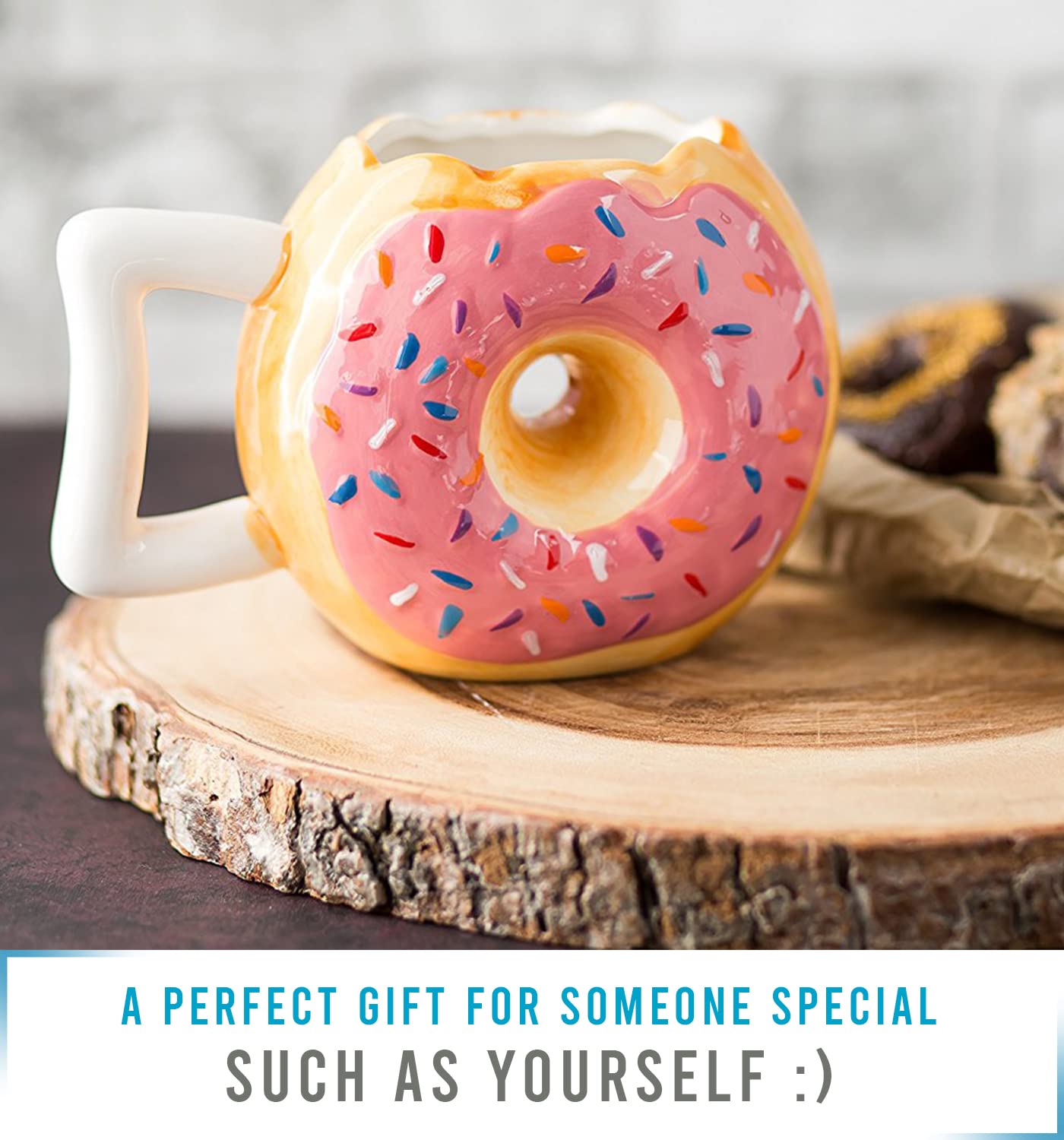 Ceramic Donut Mug - Delicious Pink Glaze Doughnut with Sprinkles - Funny