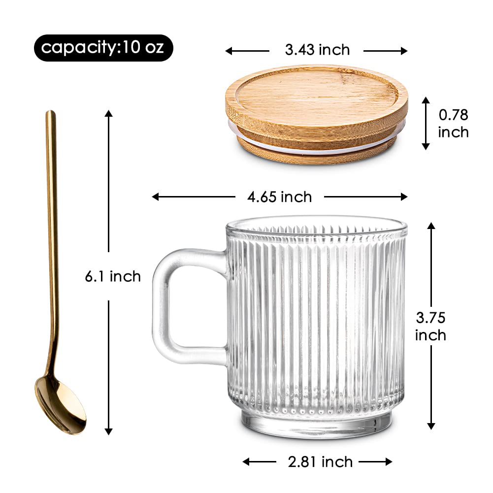 Glass Coffee Mugs, Espresso Cups for Coffee Bar Accessories, Clear Coffee Mug Set of 2, 11oz Glass Coffee Cups with Lids and Spoon, Cute Ribbed Glassware Set for Latte, Cappuccino, Tea, Gift