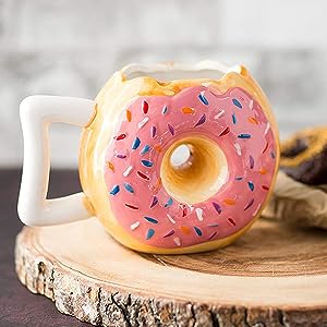 Ceramic Donut Mug - Delicious Pink Glaze Doughnut with Sprinkles - Funny