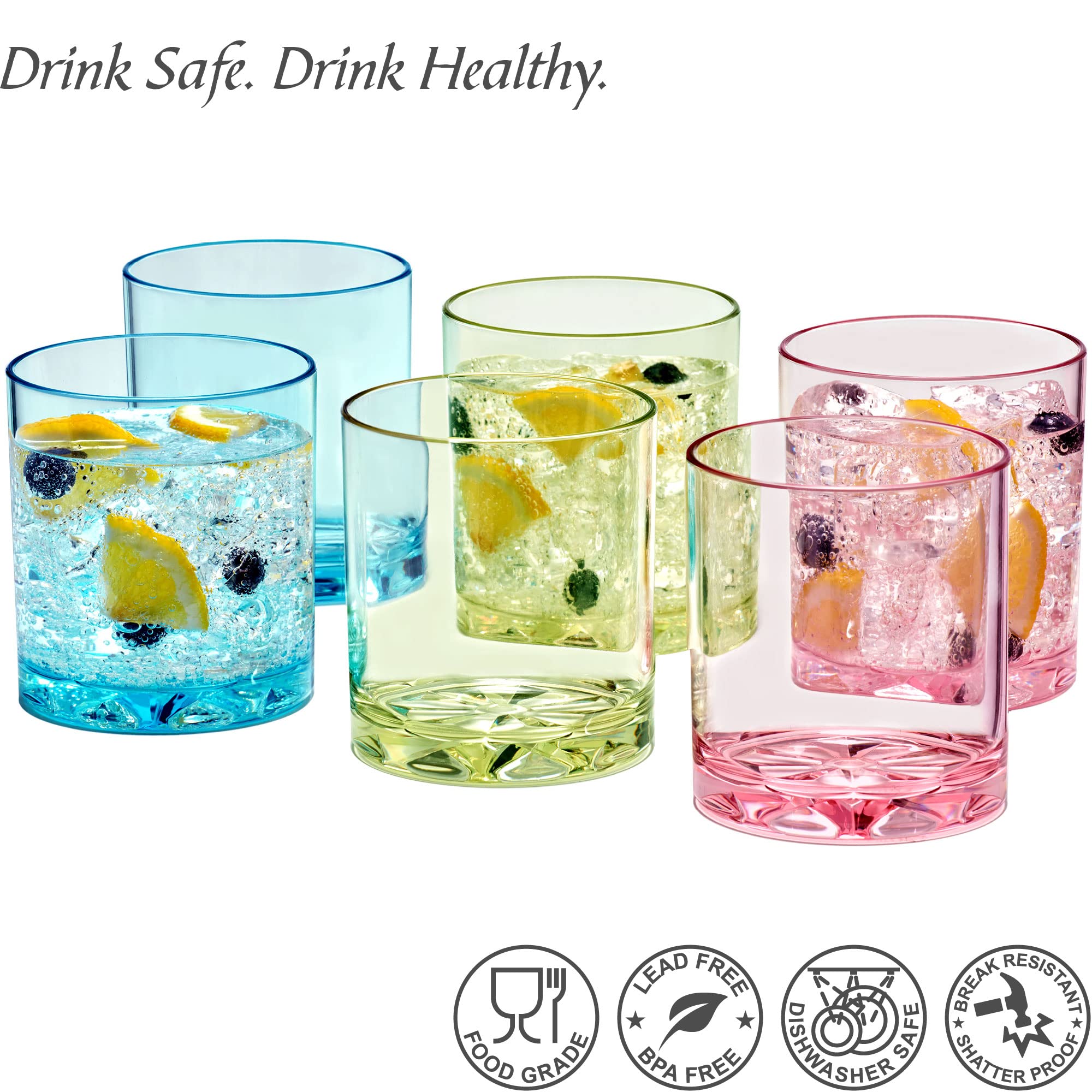 Liberty - 12-Ounce Plastic Tumblers (Set of 6), Plastic Drinking Glasses, Mixed-Color Reusable Plastic Cups, BPA-Free, Shatter-Proof, Dishwasher-Safe