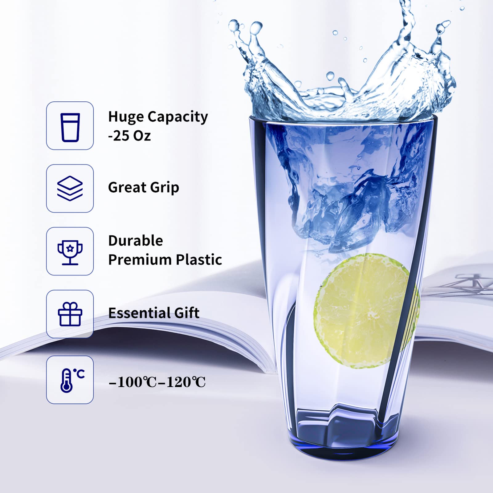 Unbreakable Plastic Cups Plastic Highball Drinking Glasses Tumbler, Large Water Tumbler Set (Set Of 6, 25 Oz) Dishwasher Safe (New Blue)