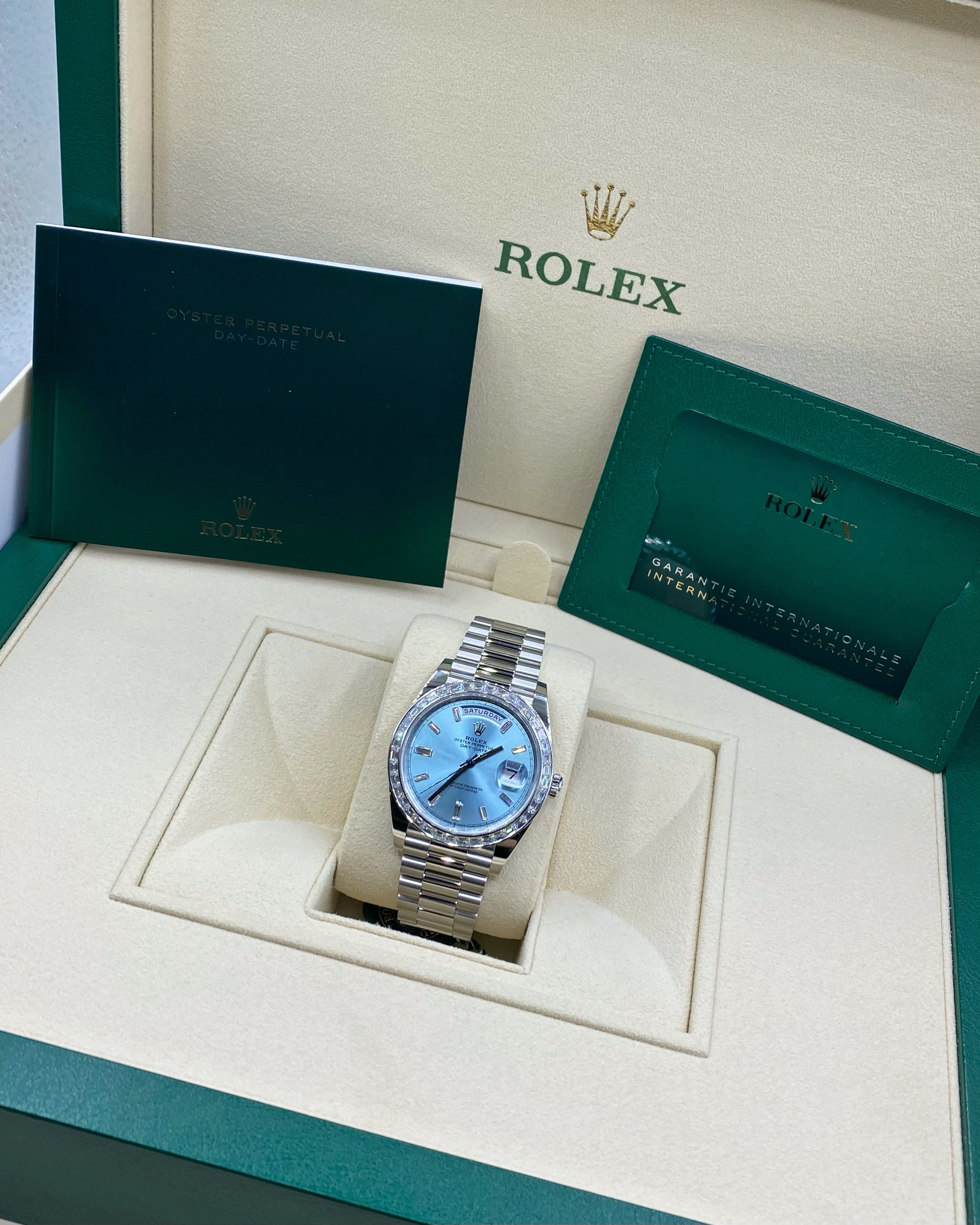 Rolex Day-Date 40 Presidential Platinum Watch, Blue dial, Diamond Bezel ...