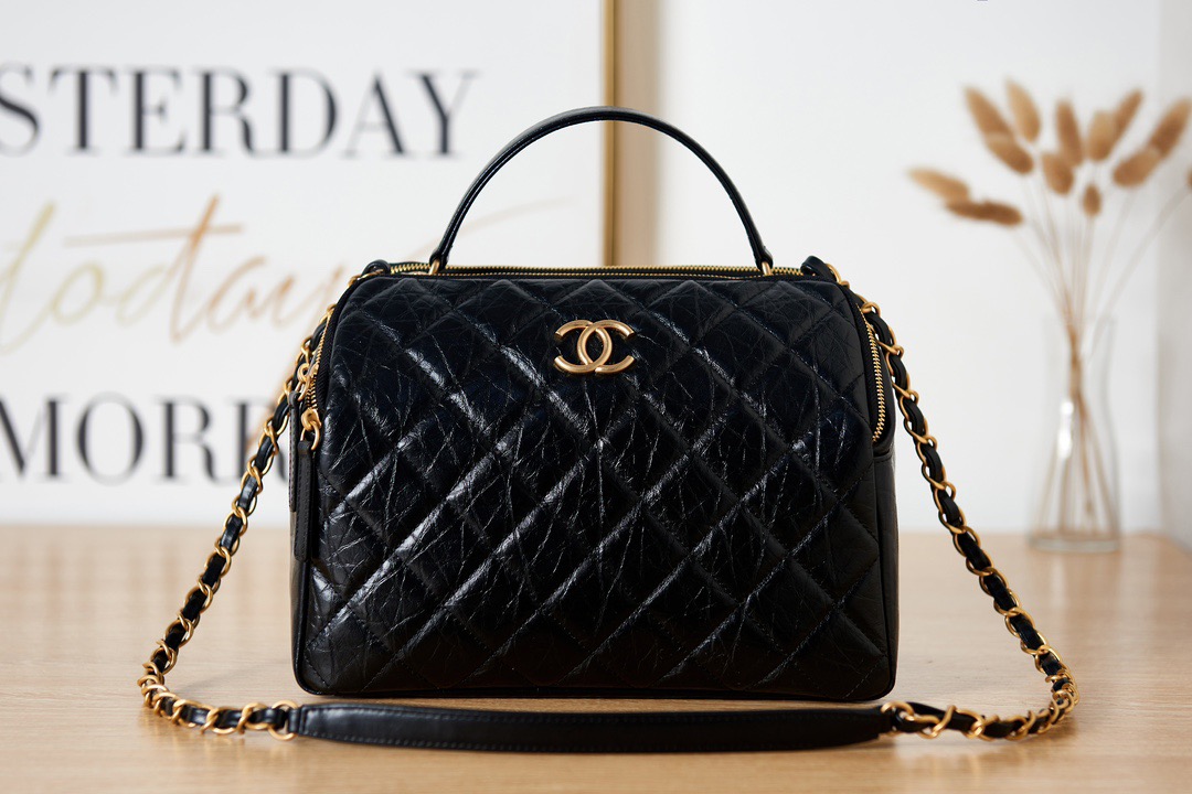 New Chanel 23k Bowling Chanel Vintage Calfskin Fabric Bag