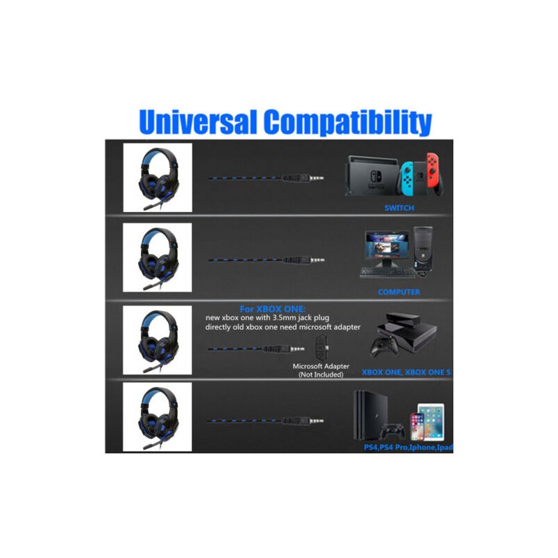 Wired Gaming Headset Headphone for PS4 Xbox One Nintend Switch iPad PC black blue Luminous