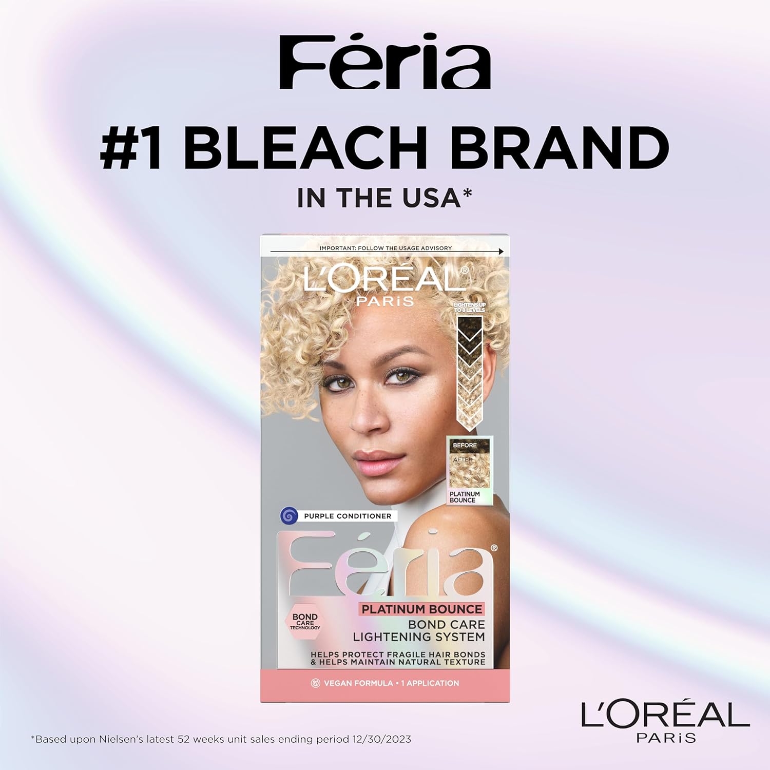 L'Oreal Paris Feria Hyper Platinum Advanced Lightening System Hair Bleach, Lifts Up To 8 Levels, Includes Anti Brass Purple Conditioner, 1 Hair Dye Kit