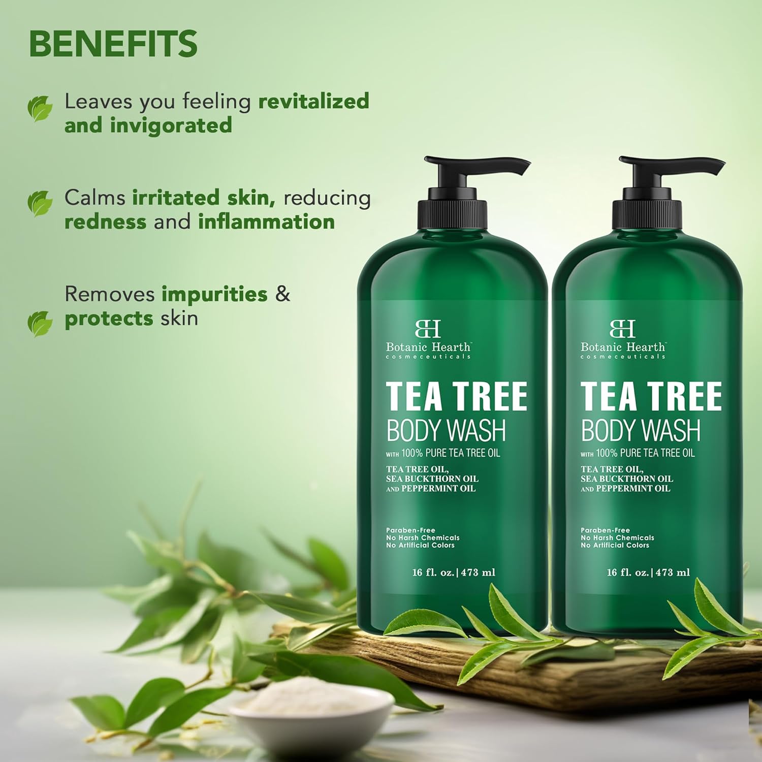 Botanic Hearth Tea Tree Body Wash - 16 fl oz - Helps Soothe Itchy, Dry Skin, Antifungal Body Wash with 100% Pure Tea Tree Oil - Sulfate Free, Paraben Free, for Men and Women